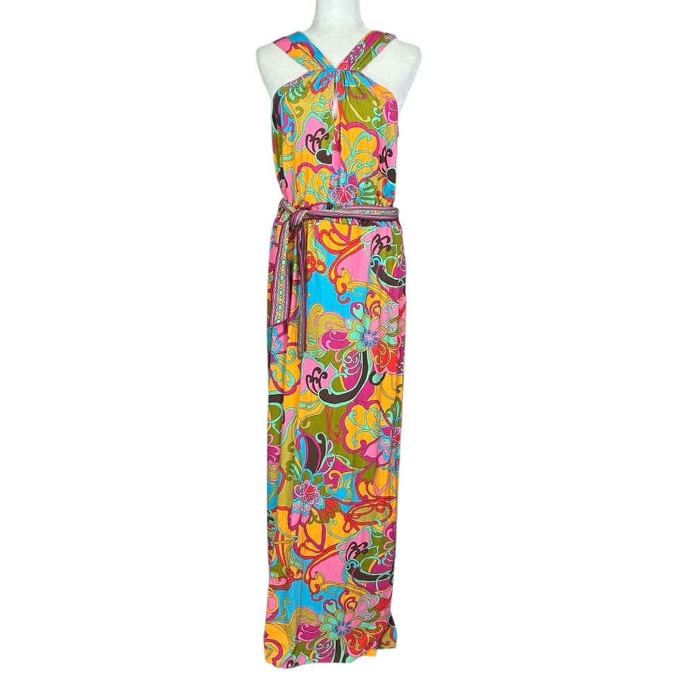 Trina Turk Maxi Dress 8 Colorful Tropical Adjustable Versatile Neckline Belted